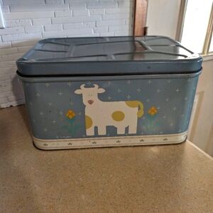 Vintage Blue White Cow Design Tin Bread Box Cottagecore Farmhouse decor